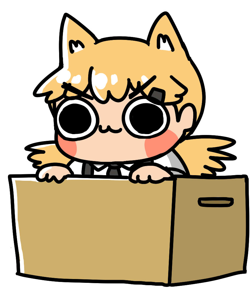 1girl :3 afei_(sfma3248) animal_ears bangs black_eyes black_neckwear blonde_hair blush_stickers box cardboard_box cat_ears chibi chinese_commentary collared_shirt commentary_request girls_frontline hair_ornament hairclip idw_(girls_frontline) in_container long_hair necktie shirt simple_background solo twintails v-shaped_eyebrows white_background white_shirt