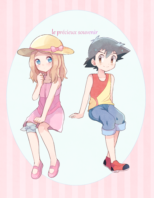 1boy 1girl bandaged_leg bandages black_hair blue_eyes blue_pants blush bow brown_eyes brown_hair commentary_request dress french_text hat hat_bow invisible_chair looking_at_another looking_at_viewer mary_janes medium_hair mei_(maysroom) pants pink_bow pink_dress pink_footwear pokemon pokemon_(anime) pokemon_xy_(anime) red_footwear red_tank_top satoshi_(pokemon) serena_(pokemon) shoes sitting smile sun_hat sundress tank_top younger