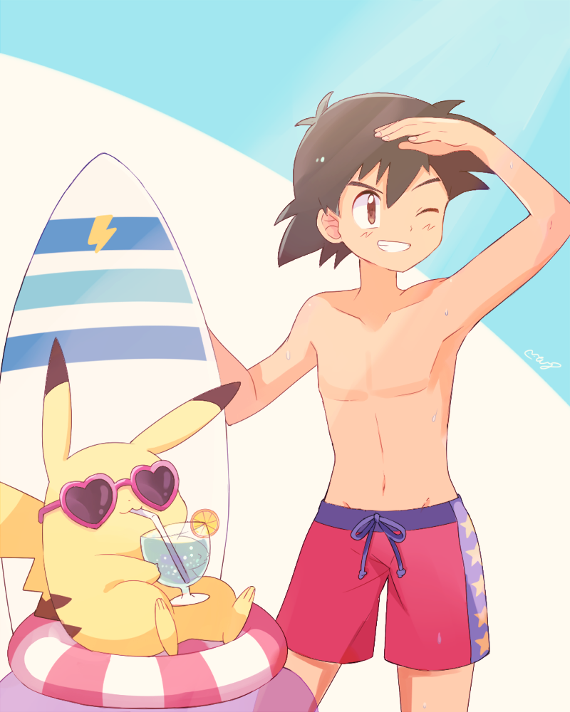 black_hair brown_eyes drinking_straw gen_1_pokemon grin heart heart-shaped_eyewear holding male_swimwear mei_(maysroom) one_eye_closed pikachu pokemon pokemon_(anime) pokemon_(creature) satoshi_(pokemon) shirtless sitting smile spiky_hair sunglasses surfboard swim_trunks swimwear tagme tropical_drink two-tone_background