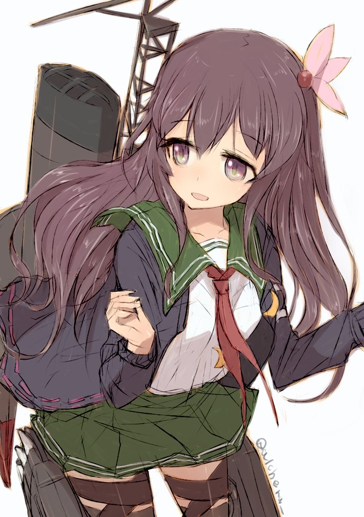 1girl alchera black_jacket brown_eyes brown_hair crescent crescent_moon_pin green_sailor_collar green_skirt hair_ornament jacket kantai_collection kisaragi_(kantai_collection) leaning_forward long_hair looking_back machinery remodel_(kantai_collection) sailor_collar school_uniform serafuku simple_background skirt smokestack solo standing torpedo_launcher white_background