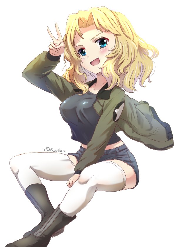 1girl black_shirt blonde_hair blue_eyes blue_shorts brown_jacket buchikaki commentary denim denim_shorts emblem girls_und_panzer hair_intakes invisible_chair jacket kay_(girls_und_panzer) long_hair long_sleeves looking_at_viewer military military_uniform one_eye_closed open_clothes open_jacket saunders_military_uniform shirt short_shorts shorts simple_background sitting smile solo star_(symbol) thigh-highs twitter_username uniform v white_background white_legwear wind