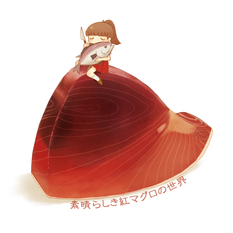 1girl ayu_(mog) bangs blunt_bangs brown_footwear brown_hair closed_eyes fish holding holding_knife knife original pleated_skirt ponytail red_skirt shoes simple_background skirt socks tuna u_u white_background white_legwear