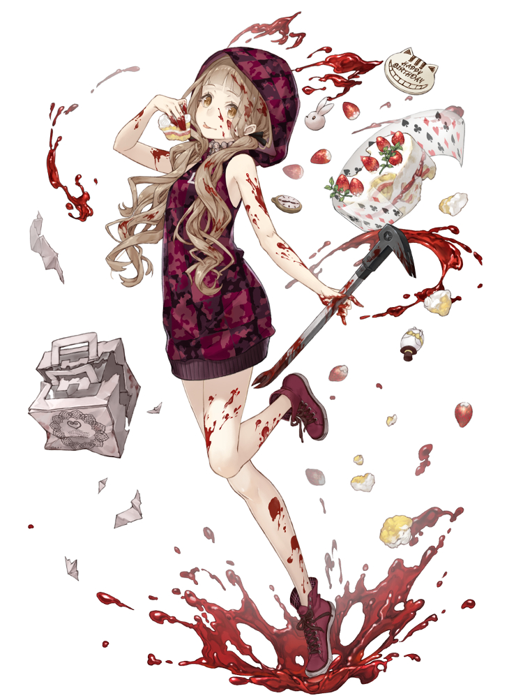 1girl blonde_hair blood blood_on_face blood_splatter bloody_clothes bloody_hands bloody_weapon cake crowbar food fruit full_body hood hoodie ji_no little_red_riding_hood_(sinoalice) long_hair looking_at_viewer official_art orange_eyes pocket_watch reality_arc_(sinoalice) shoes sinoalice sleeveless sneakers solo strawberry tongue tongue_out watch weapon white_background