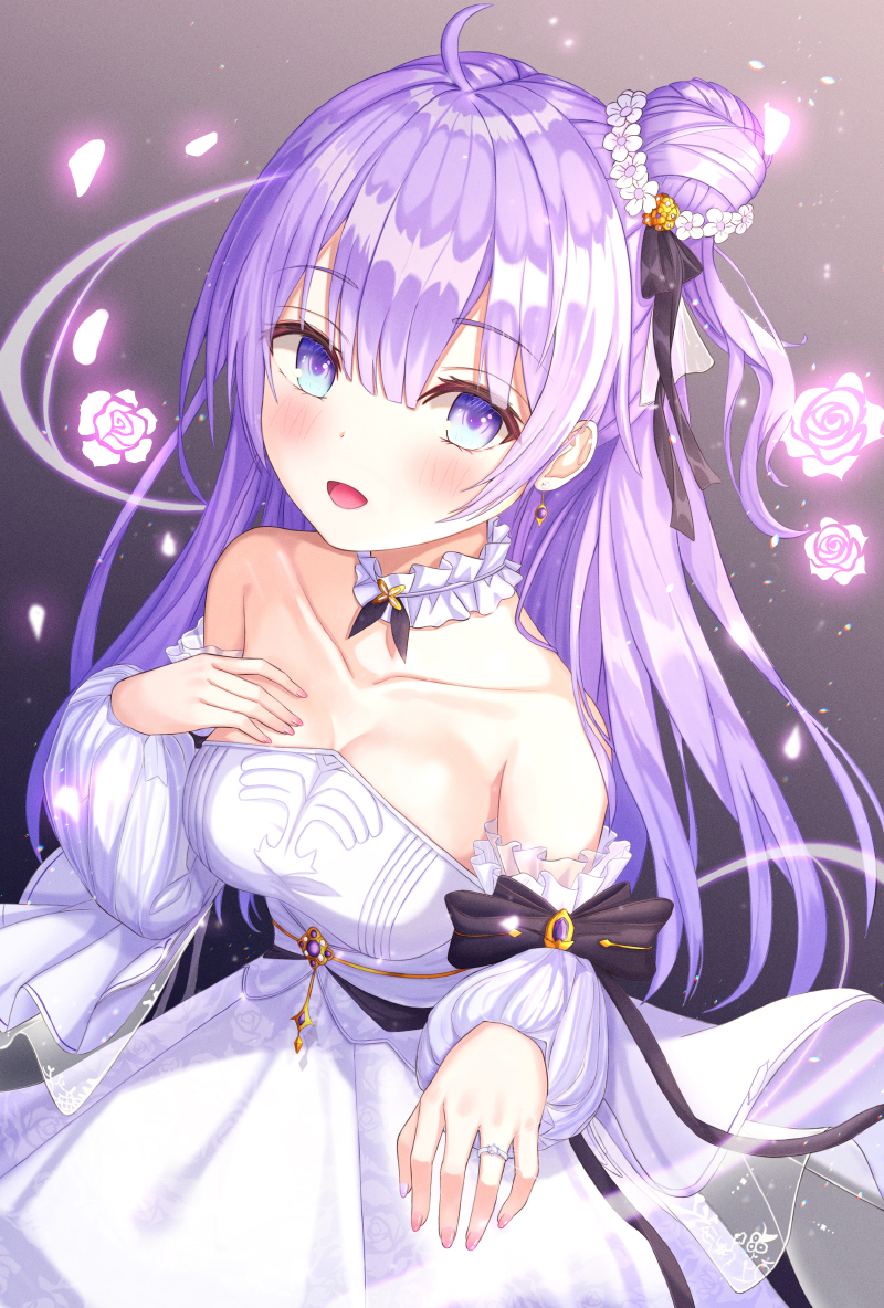 1girl :d ahoge azur_lane bare_shoulders black_bow blush bow breasts collarbone commentary_request detached_sleeves dress flower funii hair_bun hair_flower hair_ornament jewelry long_hair long_sleeves looking_at_viewer medium_breasts one_side_up open_mouth petals puffy_long_sleeves puffy_sleeves purple_hair ring rose see-through side_bun smile solo strapless strapless_dress unicorn_(azur_lane) very_long_hair violet_eyes wedding_band white_dress white_flower white_sleeves