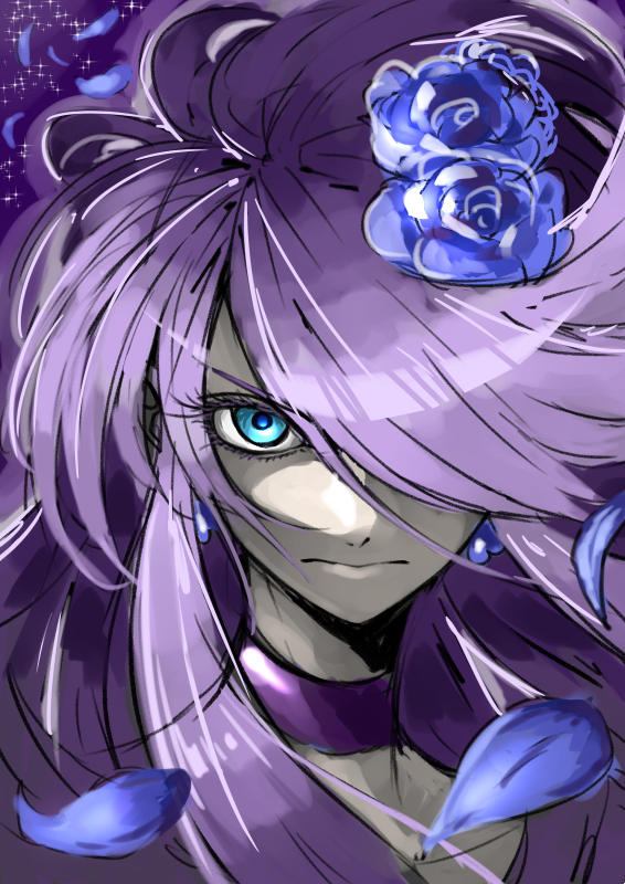 1girl bangs blue_eyes blue_flower blue_rose choker closed_mouth collarbone cure_moonlight earrings floating_hair flower hair_flower hair_ornament heartcatch_precure! jewelry long_hair looking_at_viewer petals portrait precure purple_hair rose shiny shiny_hair solo swept_bangs tsukikage_oyama very_long_hair