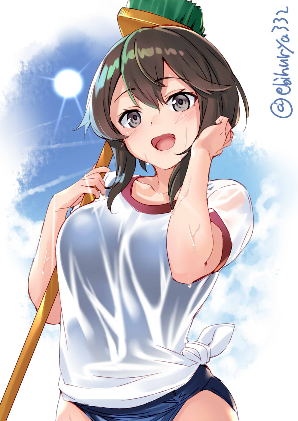 1girl artist_name blue_swimsuit blush breasts brown_eyes brown_hair cleaning cleaning_brush ebifurya gym_shirt gym_uniform hayasui_(kantai_collection) highres kantai_collection large_breasts medium_hair mop one-piece_swimsuit open_mouth school_swimsuit shirt sky smile sun sweat swimsuit swimsuit_under_clothes tied_shirt