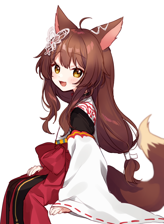 1girl :d ahoge animal_ears blush bow brown_eyes brown_hair butterfly_hair_ornament fumi_(nijisanji) hair_ornament hair_ribbon hakama japanese_clothes kimono long_hair long_sleeves looking_at_viewer low-tied_long_hair nijisanji open_mouth red_bow red_hakama ribbon ribbon-trimmed_sleeves ribbon_trim sidelocks simple_background sitting sleeves_past_wrists smile solo tail very_long_hair virtual_youtuber white_background white_kimono white_ribbon wide_sleeves yamabukiiro