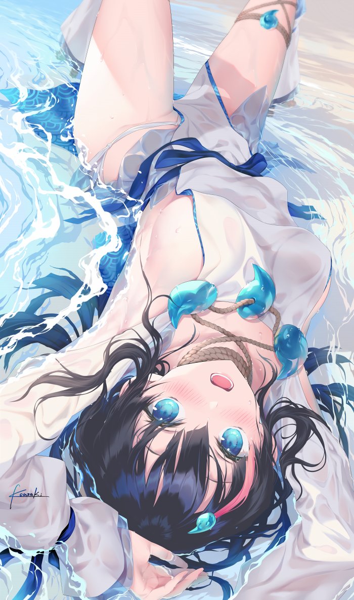 1girl armpits arms_up bangs bare_shoulders black_hair blue_eyes blue_ribbon blush breasts collarbone detached_leggings dress fate/grand_order fate/requiem fate_(series) fundoshi japanese_clothes jewelry knees_up kousaki_rui large_breasts long_sleeves looking_at_viewer lying magatama magatama_hair_ornament medium_hair multicolored_hair necklace on_back open_mouth pelvic_curtain pink_hair puffy_long_sleeves puffy_sleeves ribbon short_dress sideboob sideless_outfit signature streaked_hair thighs utsumi_erise water wet wet_clothes white_dress white_legwear