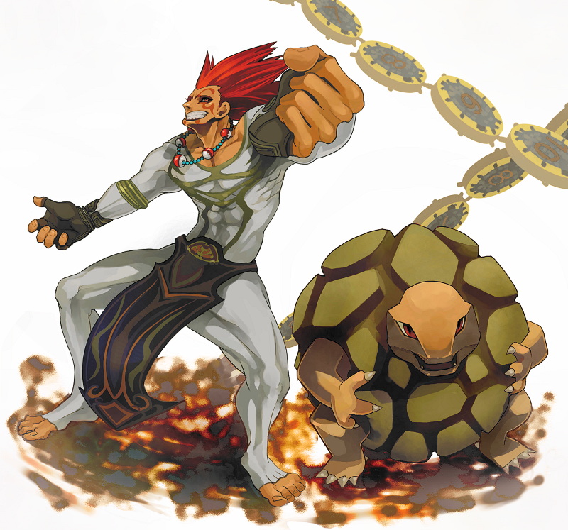 1boy abs black_gloves bodysuit brown_eyes clenched_hand commentary_request covered_navel dakim_(pokemon) feet fingerless_gloves gen_1_pokemon gloves golem_(pokemon) grey_bodysuit jewelry legs_apart loincloth muscle necklace outstretched_arm pokemon pokemon_(creature) pokemon_(game) pokemon_colosseum redhead sor_(eliminate) spiky_hair standing teeth toenails toes white_background