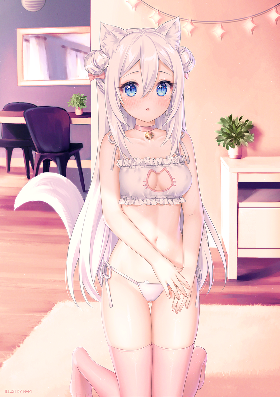 1girl :o animal_ear_fluff animal_ears artist_name bangs bare_arms bare_shoulders bell bell_choker blue_eyes blush bra cat_cutout cat_ear_panties cat_ears cat_girl cat_lingerie cat_tail chair choker cleavage_cutout double_bun eyebrows_visible_through_hair frilled_bra frills groin hair_between_eyes highres indoors jingle_bell kneeling long_hair meme_attire mirror natsumii_chan navel no_shoes original panties parted_lips pink_choker pink_legwear plant potted_plant side-tie_panties sidelocks silver_hair solo table tail thigh-highs thigh_gap underwear underwear_only very_long_hair white_bra white_panties