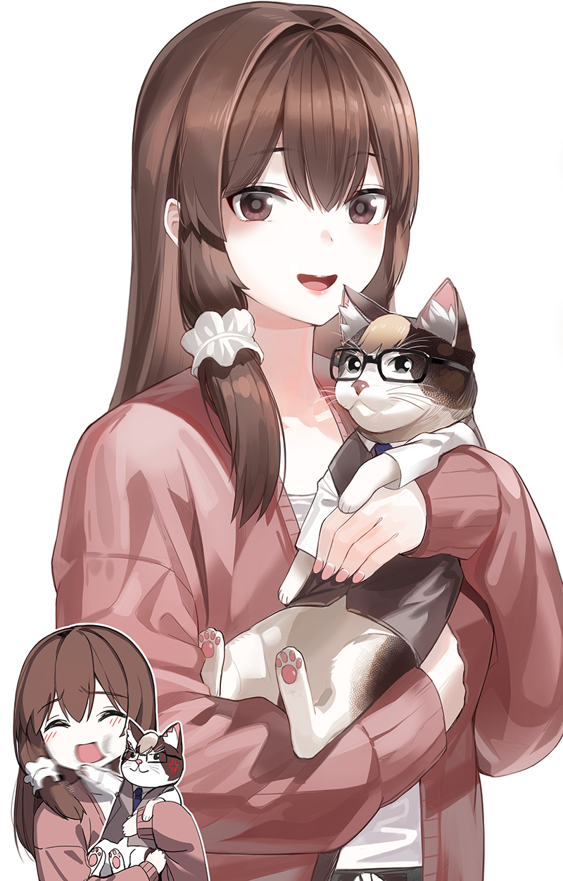 1girl animal bangs black-framed_eyewear blonde_hair brown_eyes brown_hair cat clothed_animal collarbone commentary_request doubutsu_no_mori glasses hair_between_eyes hair_intakes hair_ornament highres jack_(doubutsu_no_mori) jacket kfr long_hair long_sleeves looking_at_viewer multiple_views open_mouth original pink_jacket scratching shirt simple_background smile white_background white_shirt