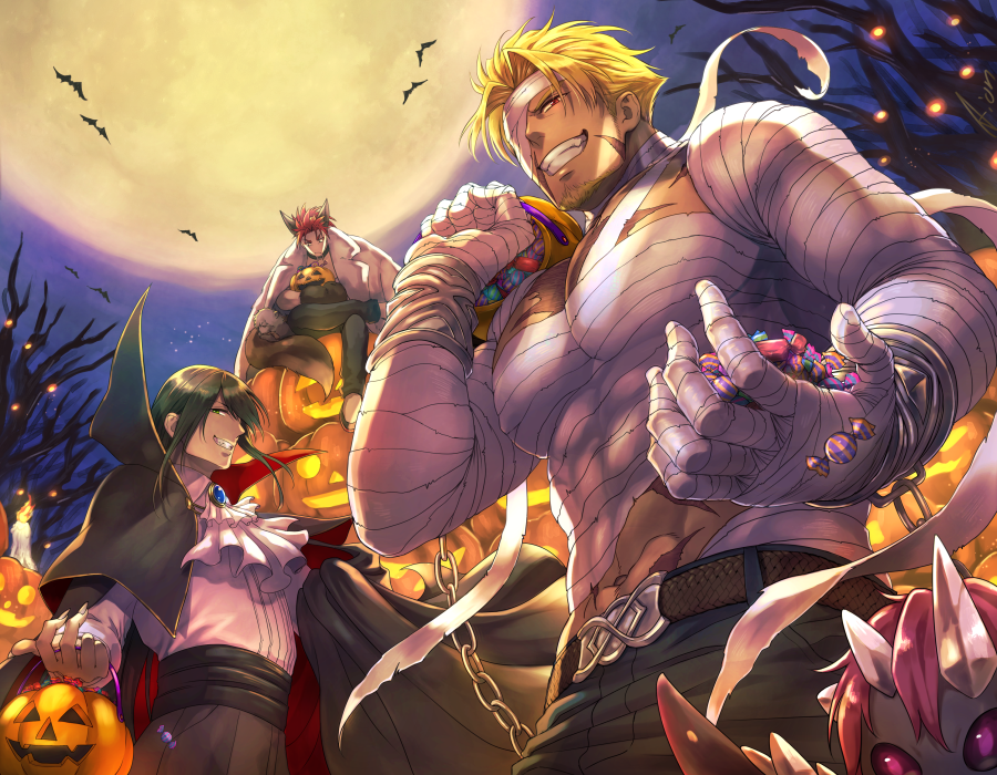 3boys abs aion_kiu alternate_costume bandages bangs bara bat beard beowulf_(fate/grand_order) black_hair blonde_hair candle candy chest collared_shirt covered_abs cravat creature facial_hair fate/extra fate/grand_order fate_(series) food full_body gem green_eyes hair_between_eyes halloween halloween_costume high_collar holding jack-o'-lantern jacket_on_shoulders li_shuwen_(fate) li_shuwen_(fate/grand_order) long_hair long_sleeves looking_at_viewer male_focus manly moon moonlight multiple_boys muscle nail navel pants pectorals ponytail pumpkin red_eyes redhead scar shirt shirtless smile standing tattoo tree upper_body yan_qing_(fate/grand_order)
