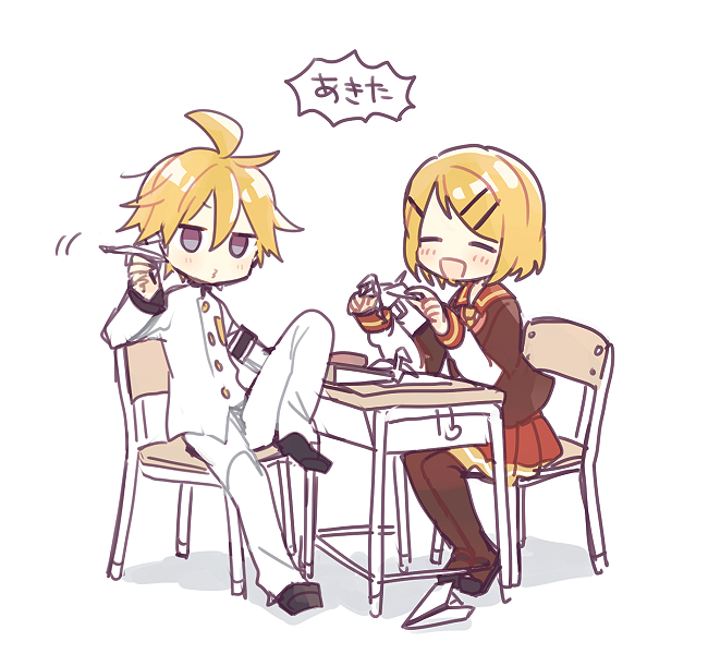 1girl 2boys armband bangs black_skirt blonde_hair blue_eyes chair closed_eyes collar commentary desk executive_student_council_(module) feet_on_chair full_body hair_ornament hairclip holding holding_paper jacket kagamine_len kagamine_rin leg_up light_blush miniskirt multiple_boys open_mouth origami pants paper paper_airplane paper_crane pleated_skirt pouty_lips project_diva_(series) red_collar red_skirt school_uniform serafuku short_hair sitting skirt smile spiky_hair suzumi_(fallxalice) swept_bangs thigh-highs trad_school_(module) translation_request uniform vocaloid white_background white_jacket white_pants white_uniform