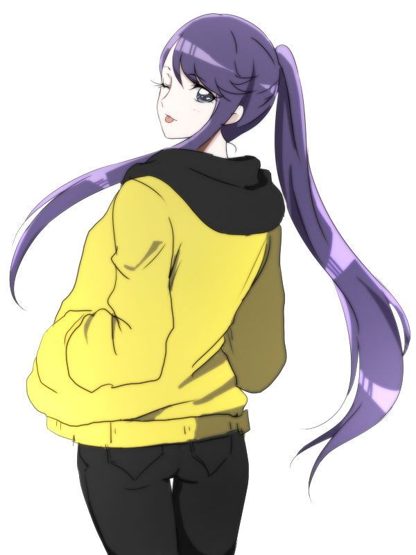 1girl ;p alternate_hairstyle bangs black_pants blue_eyes cowboy_shot floating_hair from_behind hands_in_pockets heartcatch_precure! high_ponytail hood hood_down hooded_sweater long_hair long_sleeves looking_at_viewer looking_back one_eye_closed pants precure purple_hair shiny shiny_hair sidelocks simple_background solo standing sweater swept_bangs thigh_gap tongue tongue_out tsukikage_oyama tsukikage_yuri very_long_hair white_background yellow_sweater