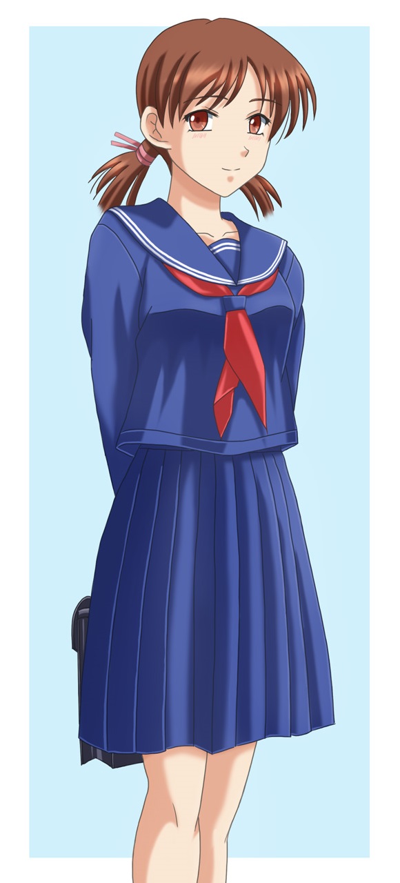 1girl adachi_taeko arms_behind_back bag blue_background blue_shirt blue_skirt bookbag brown_eyes brown_hair highres long_sleeves looking_at_viewer ribbon school_uniform sentihistory sentimental_graffiti serafuku shirt short_hair short_twintails simple_background skirt solo twintails