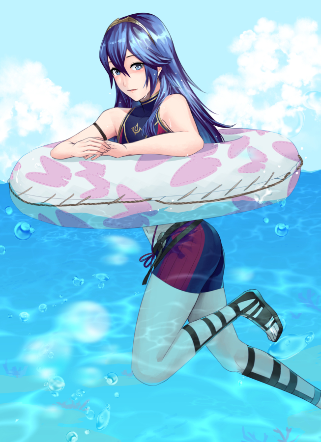 1girl ameno_(a_meno0) arm_strap bikini_shorts blue_eyes blue_hair day feet_out_of_frame fire_emblem fire_emblem_awakening hair_between_eyes innertube long_hair lucina_(fire_emblem) midriff navel ocean outdoors shiny shiny_hair short_shorts shorts solo stomach summer swimming tiara wet wet_hair