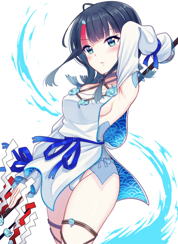 1girl arm_behind_head arm_up armpits bangs bare_shoulders black_hair blue_eyes blue_ribbon blush breasts closed_mouth dress fate/grand_order fate/requiem fate_(series) fundoshi japanese_clothes jewelry long_sleeves looking_at_viewer magatama magatama_hair_ornament medium_breasts medium_hair mizunashi_hayate multicolored_hair necklace pelvic_curtain pink_hair polearm puffy_long_sleeves puffy_sleeves ribbon short_dress sideboob sideless_outfit simple_background spear streaked_hair thighs utsumi_erise weapon white_background white_dress