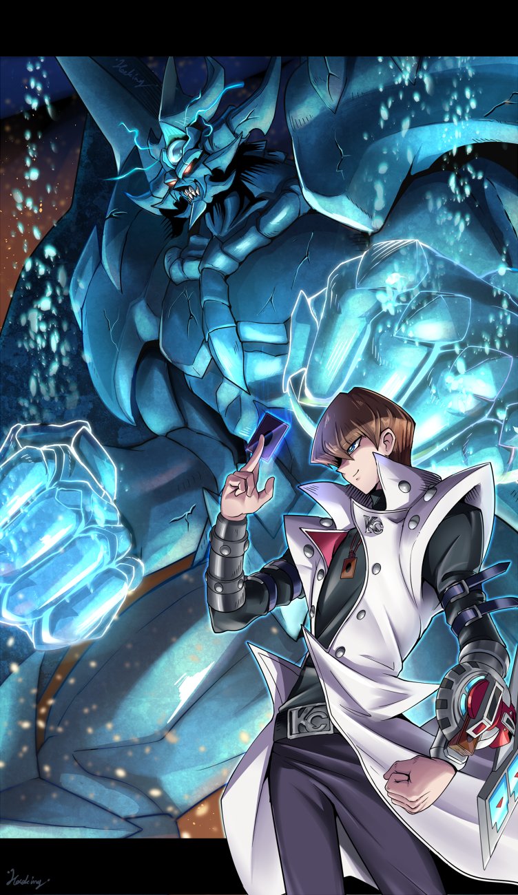 belt blue_eyes brown_hair card clenched_hands duel_disk duel_monster glowing_hands hawe_king highres holding holding_card jewelry kaiba_seto long_coat obelisk_the_tormentor pendant signature smile yuu-gi-ou