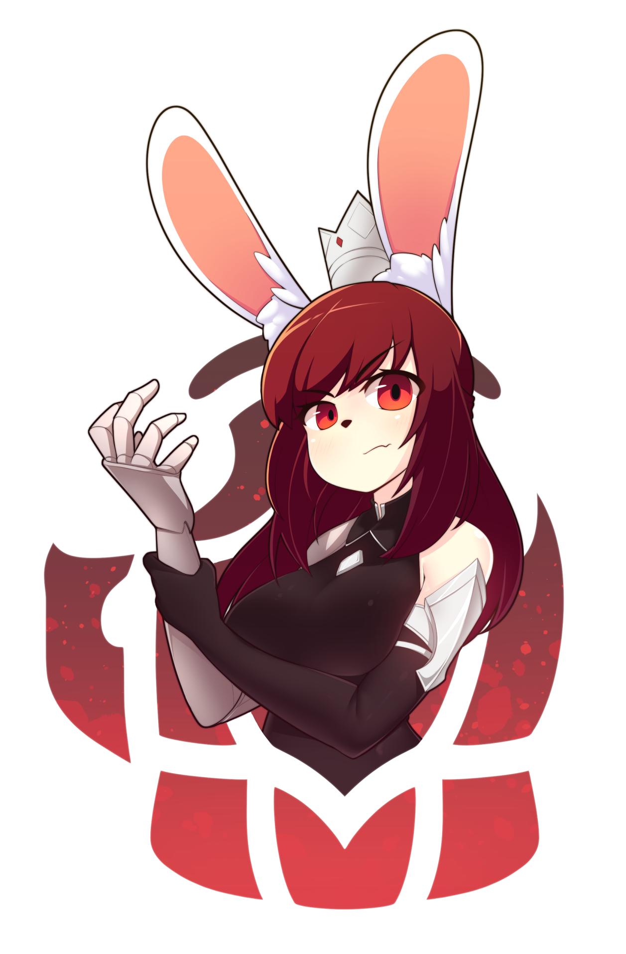 1girl animal_ears bangs black_gloves blush breasts bunny_girl closed_mouth commission crown elbow_gloves eyebrows_visible_through_hair fizintine gloves highres large_breasts long_hair looking_at_viewer mechanical_arm original rabbit_ears red_eyes redhead single_glove solo swept_bangs upper_body