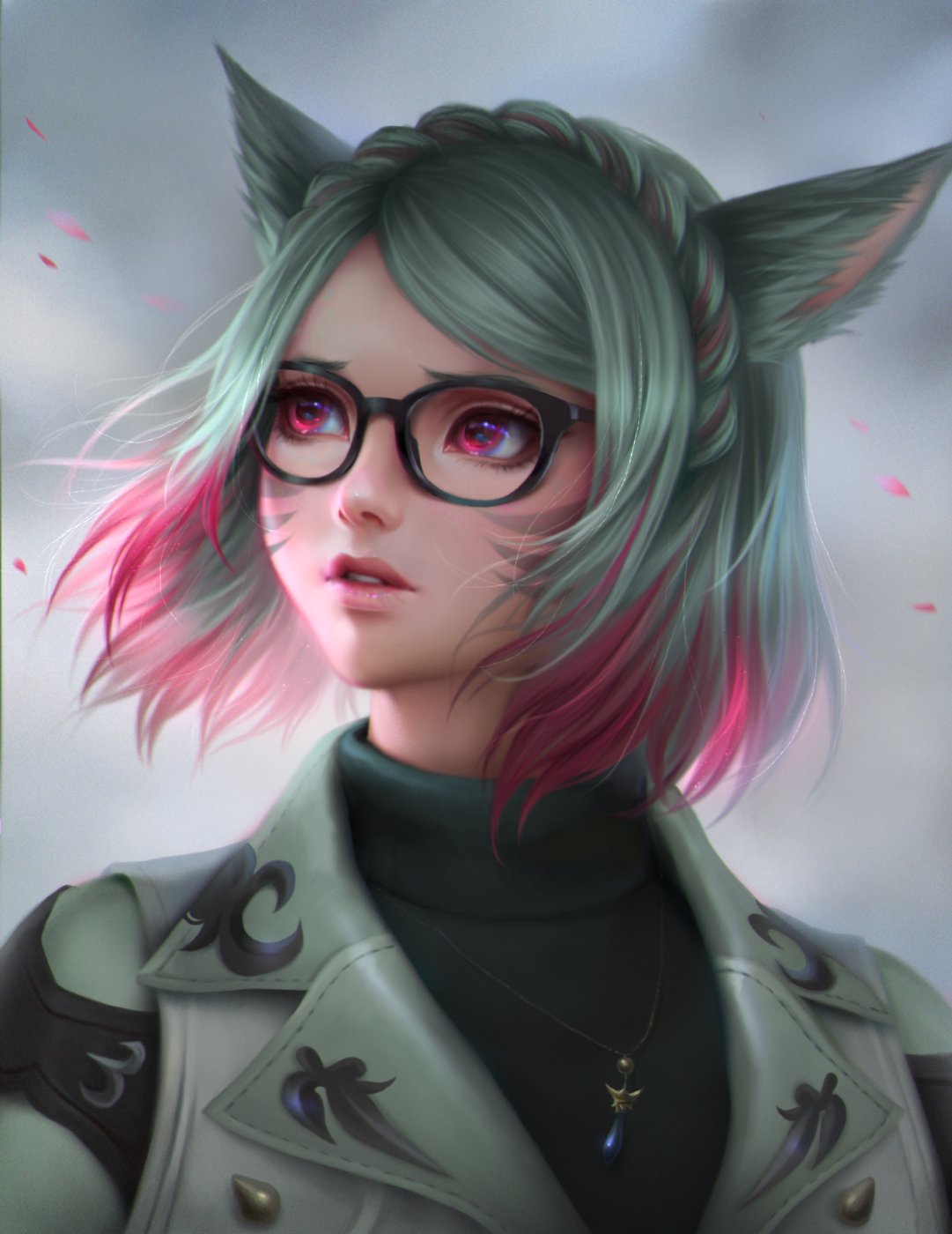 1girl animal_ears cat_ears commission facial_mark final_fantasy final_fantasy_xiv glasses green_hair highres jacket jewelry lianeige lips looking_to_the_side miqo'te multicolored_hair parted_lips pendant pink_eyes short_hair solo two-tone_hair whisker_markings wind