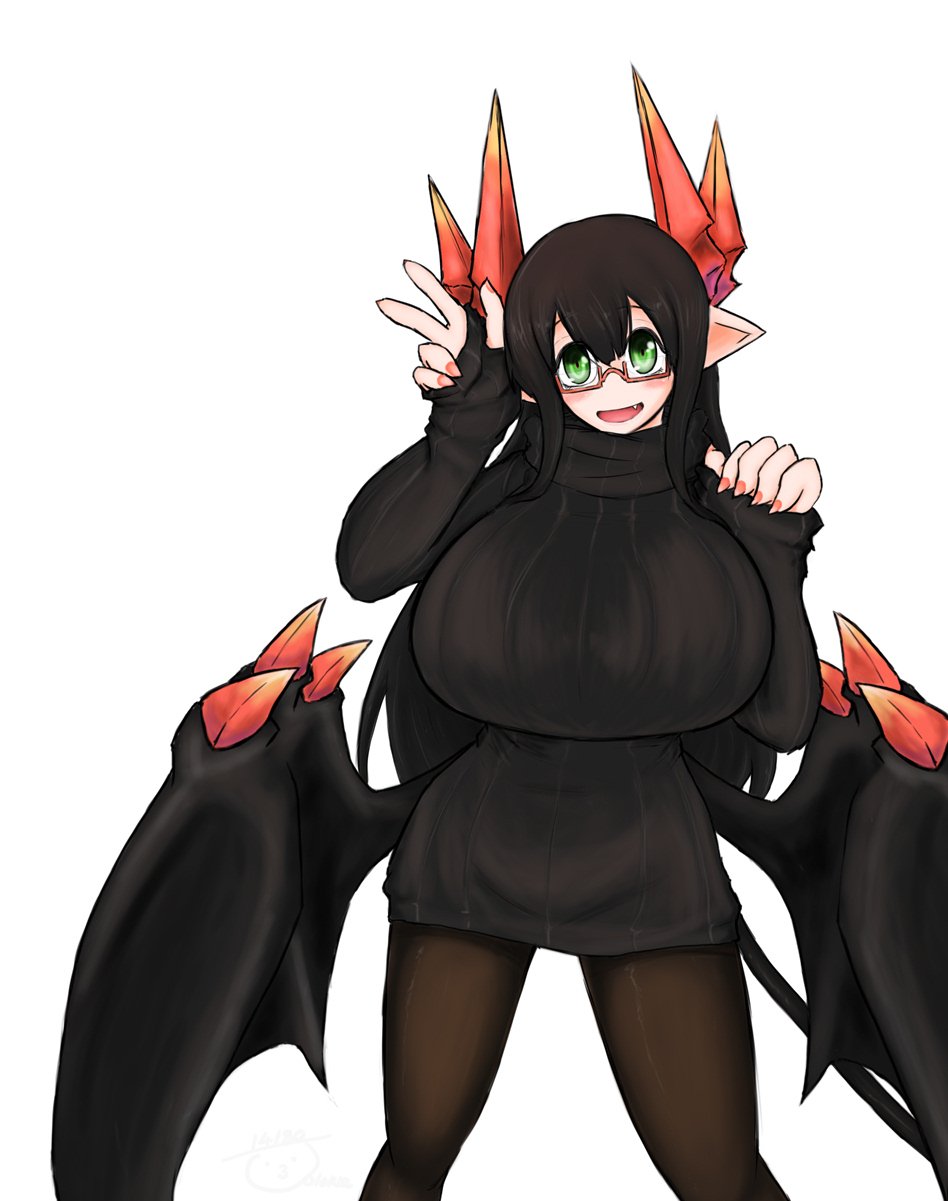 1girl black_hair black_sweater black_tail black_wings cropped_legs demon_horns demon_tail dress fang glasses green_eyes highres horns j_14180 long_hair merii_(musuko_ga_kawaikute_shikatanai_mazoku_no_hahaoya) musuko_ga_kawaikute_shikatanai_mazoku_no_hahaoya nail_polish pantyhose red-framed_eyewear red_horns red_nails ribbed_sweater semi-rimless_eyewear smile sweater sweater_dress tail thighs turtleneck turtleneck_sweater under-rim_eyewear white_background wings