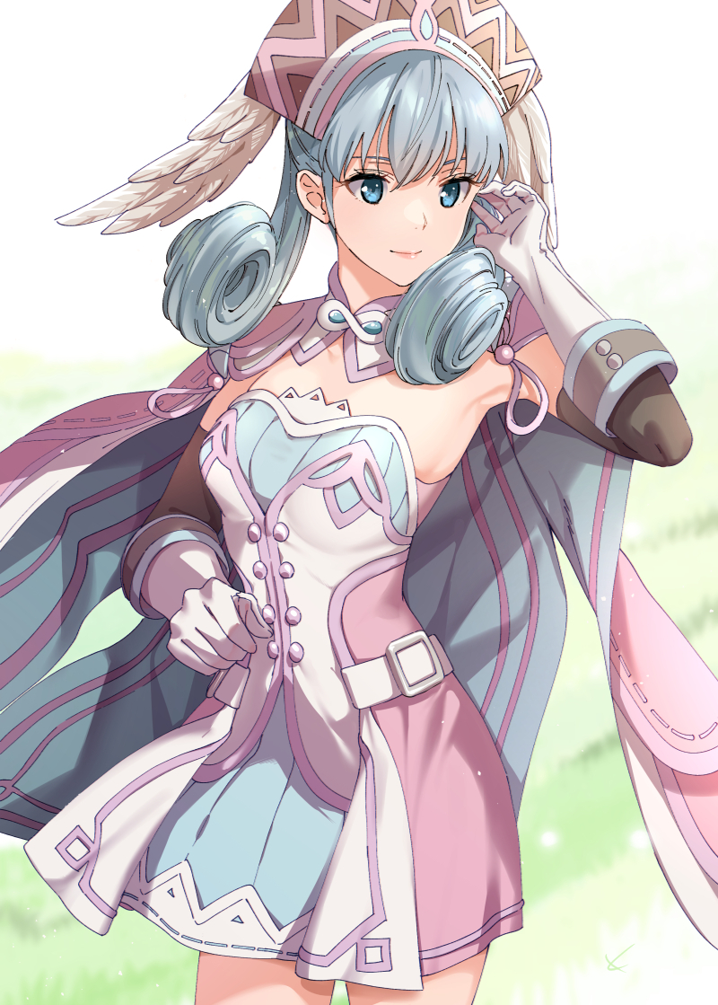 1girl armpits blue_eyes cape closed_mouth curly_hair dress elbow_gloves gloves grass hand_in_hair hat head_wings melia misu_kasumi multicolored multicolored_clothes multicolored_dress pink_dress silver_hair solo white_gloves xenoblade_(series) xenoblade_1