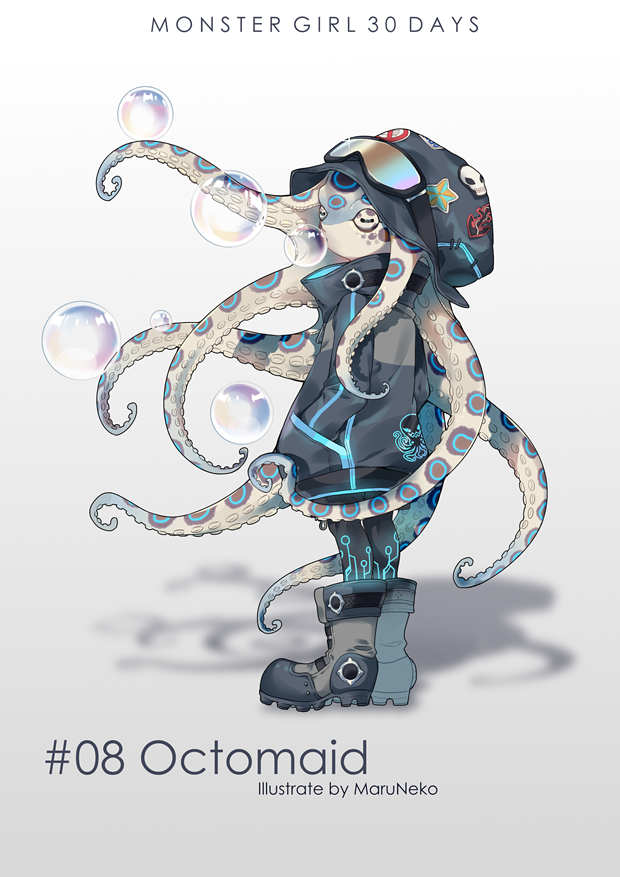 1girl artist_name black_headwear black_jacket black_legwear boots bubble_blowing from_side full_body goggles goggles_on_headwear grey_background grey_footwear hand_in_pocket hat horizontal_pupils jacket long_sleeves looking_at_viewer maruneko monster_girl number o-ring octopus_print original pantyhose print_jacket print_legwear scylla shadow solo standing tentacle_hair turtleneck