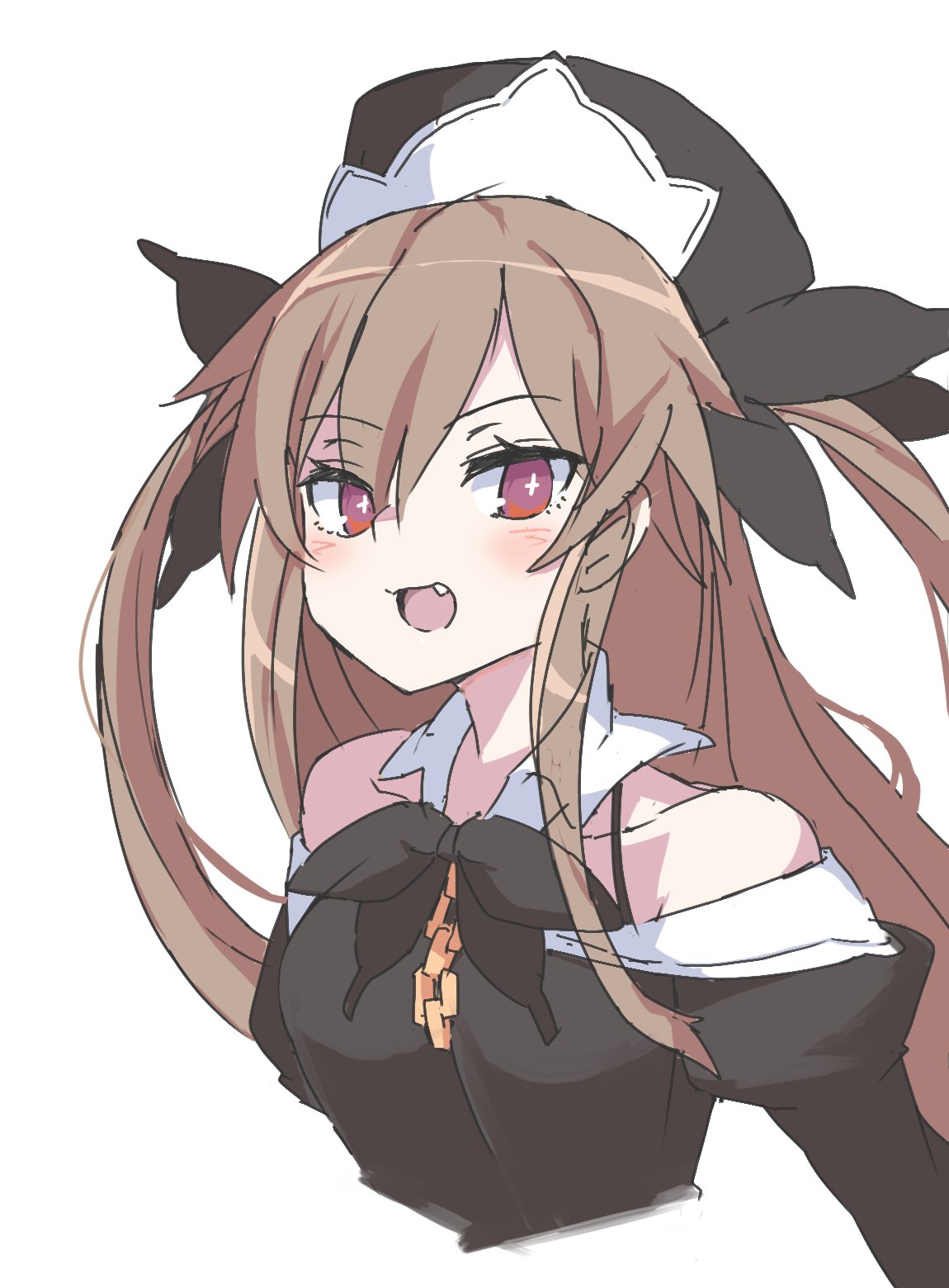 +_+ 1girl :d bad_id bad_twitter_id black_dress black_headwear black_neckwear blush bow bowtie bright_pupils chain cropped_torso dress eyebrows_visible_through_hair fang hair_between_eyes hat highres inukaze_yamu juliet_sleeves long_sleeves looking_at_viewer open_mouth original puffy_sleeves red_eyes simple_background smile solo upper_body white_background white_pupils