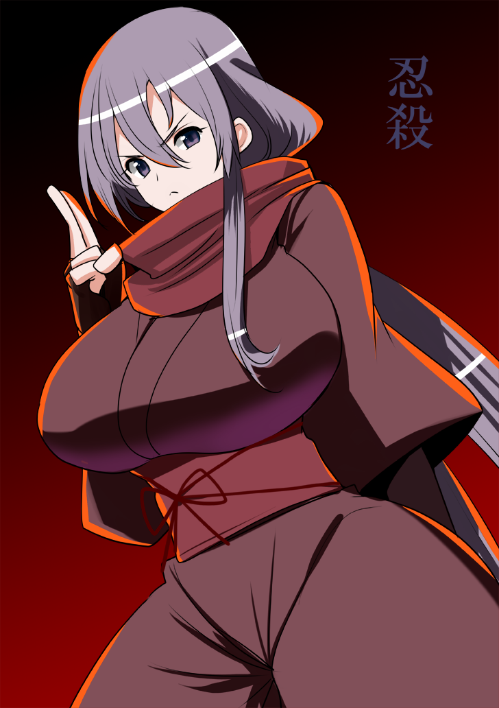 1girl angry breasts curvy dragon_yukano fingerless_gloves gloves huge_breasts lavender_hair long_hair looking_at_viewer ninja ninja_slayer perepere-kun red_background scarf solo translation_request very_long_hair violet_eyes wide_hips