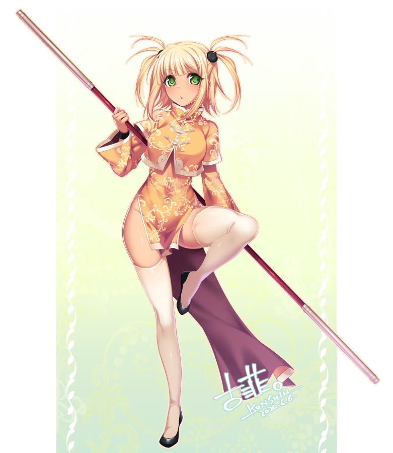 1girl :o bangs black_footwear blonde_hair blush breasts china_dress chinese_clothes crop_top dark_skin dress fighting_stance flats full_body gradient gradient_background green_background green_eyes hair_ornament holding holding_weapon konshin kufei leg_up long_hair long_sleeves mahou_sensei_negima! medium_breasts orange_dress parted_lips pelvic_curtain pole shoes short_dress short_over_long_sleeves short_sleeves skindentation solo standing standing_on_one_leg thigh-highs toggles two_side_up weapon white_legwear wide_sleeves wristband