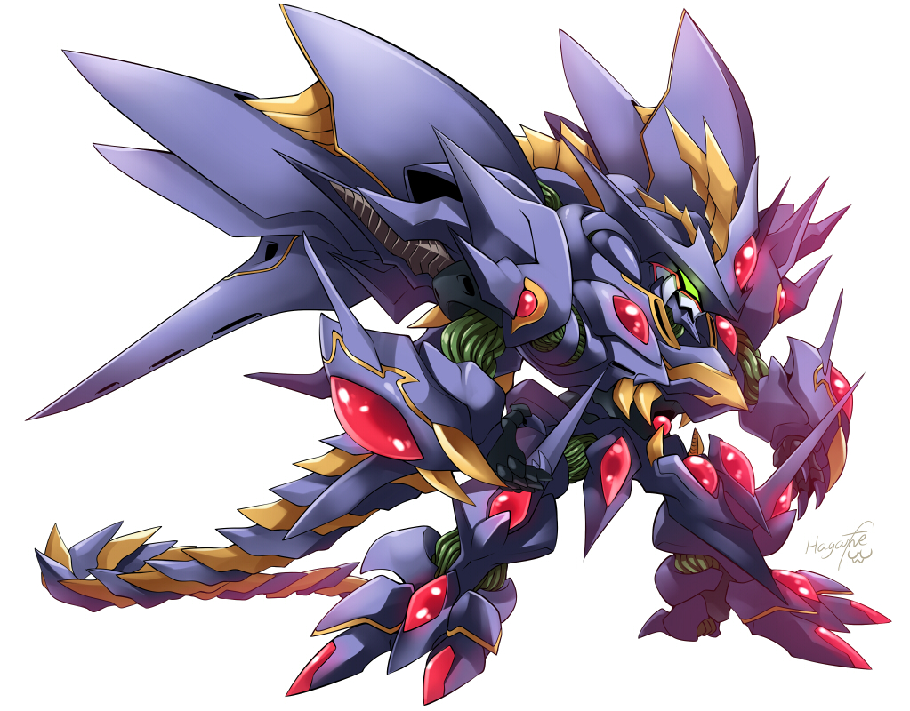 alternate_color alternate_form armor artist_name black_armor chibi cybuster einst gem glowing glowing_eyes haganef mecha mechanical_wings no_humans original plant signature super_robot_wars super_robot_wars_original_generation super_robot_wars_the_lord_of_elemental tail vines wings