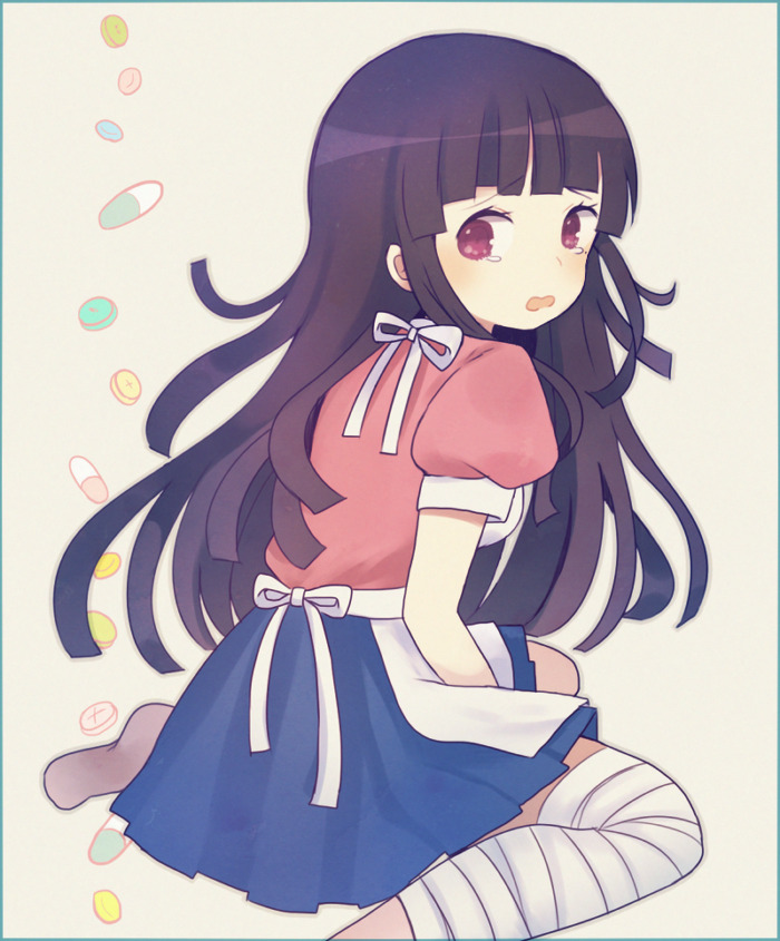 1girl apron ayu_(mog) bandages blush crying dangan_ronpa long_hair nurse open_mouth purple_hair skirt solo super_dangan_ronpa_2 tears tsumiki_mikan violet_eyes