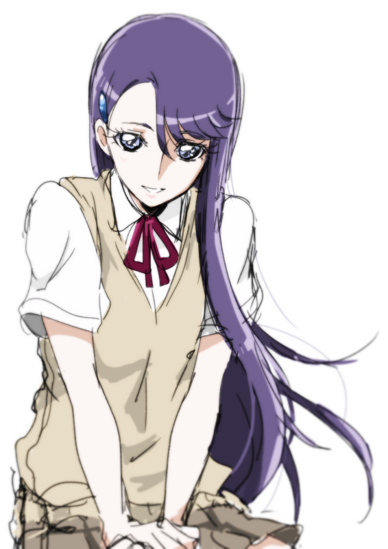 1girl asymmetrical_bangs bangs blue_eyes brown_skirt collared_shirt floating_hair grin hair_ornament hairclip hands_together heartcatch_precure! long_hair looking_at_viewer miniskirt neck_ribbon pleated_skirt precure purple_hair red_ribbon ribbon school_uniform shiny shiny_hair shirt short_sleeves simple_background sitting sketch skirt smile solo straight_hair sweater_vest swept_bangs tsukikage_oyama tsukikage_yuri very_long_hair white_background white_shirt wing_collar