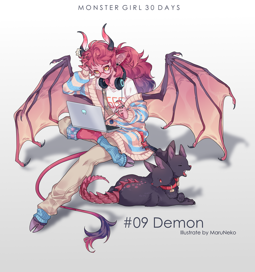 1girl artist_name black_nails black_sclera blue_legwear cable cardigan cerberus clenched_teeth closed_eyes clothes_writing collar collarbone computer crossed_legs demon_girl demon_horns demon_tail demon_wings dog dog_collar doll earrings fingernails flat_chest full_body grey_background hand_in_hair hand_on_own_head head_rest headphones headphones_around_neck hooves horns jewelry laptop leg_warmers licking long_hair long_sleeves looking_away looking_back maruneko monster_girl multicolored_hair number off_shoulder open_mouth original outstretched_leg overalls pants pants_rolled_up pointy_ears puppy purple_hair red_eyes red_skin redhead ring shadow sharp_fingernails shirt sitting slit_pupils streaked_hair striped stud_earrings t-shirt tail teeth tongue tongue_out white_shirt wings yawning yellow_eyes