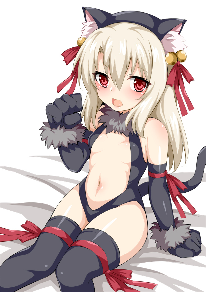 1girl animal_ears bangs bell black_gloves black_legwear black_leotard blonde_hair breasts cat_ears cat_tail center_opening commentary_request elbow_gloves eyebrows_visible_through_hair fate/kaleid_liner_prisma_illya fate_(series) gloves highleg highleg_leotard illyasviel_von_einzbern jingle_bell leotard long_hair looking_at_viewer navel paw_gloves paws red_eyes red_ribbon ribbon simple_background sitting small_breasts smile tail thigh-highs thighs toshishikisai white_background