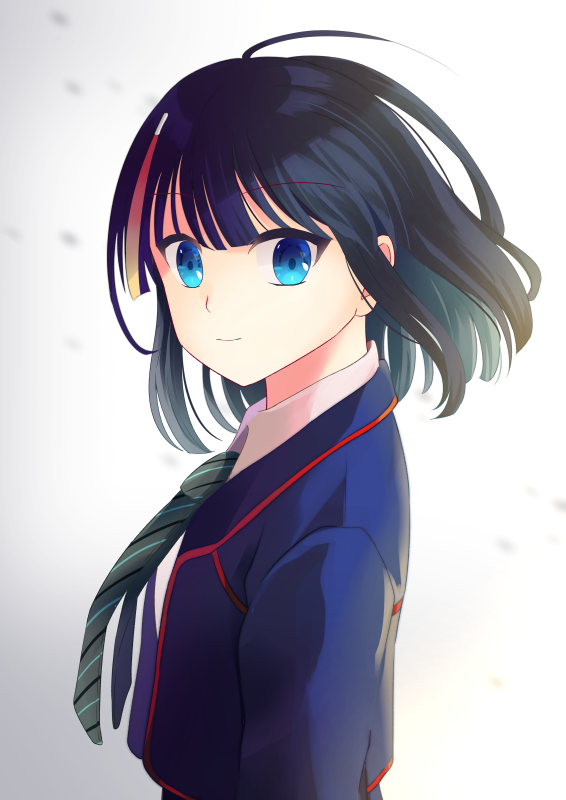 1girl akio_yuukan bangs black_hair blue_eyes blue_jacket blush breasts closed_mouth collared_shirt dress_shirt fate/requiem fate_(series) gradient gradient_background jacket looking_at_viewer medium_breasts medium_hair multicolored_hair necktie pink_hair school_uniform shirt smile streaked_hair utsumi_erise white_shirt