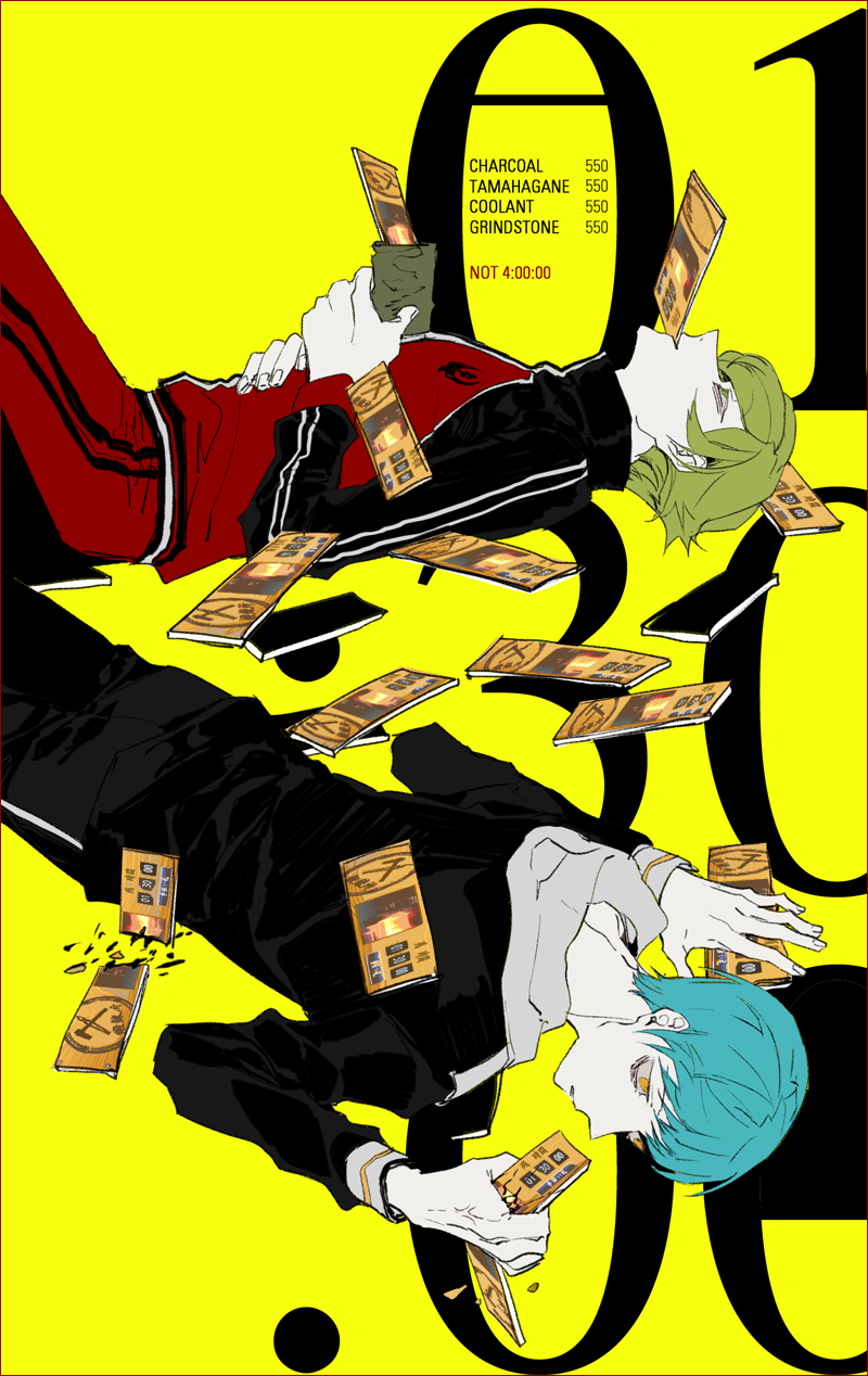 2boys abstract aqua_hair clenched_hand crushing cup english_text green_eyes green_hair highres ichigo_hitofuri jacket lying male_focus mouth_hold multiple_boys mzet on_back on_stomach pale_skin pants short_hair surreal touken_ranbu track_jacket track_pants track_suit uguisumaru yellow_background yellow_eyes yunomi