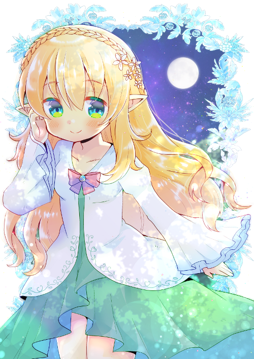 1girl bangs blonde_hair blush bow braid breasts brooch closed_mouth collarbone commentary_request commission crown_braid dress eyebrows_visible_through_hair full_moon green_dress green_eyes hair_between_eyes hand_up jewelry kouu_hiyoyo long_hair long_sleeves looking_at_viewer moon original pointy_ears red_bow sky sleeves_past_wrists small_breasts smile solo star_(sky) starry_sky very_long_hair white_dress wide_sleeves