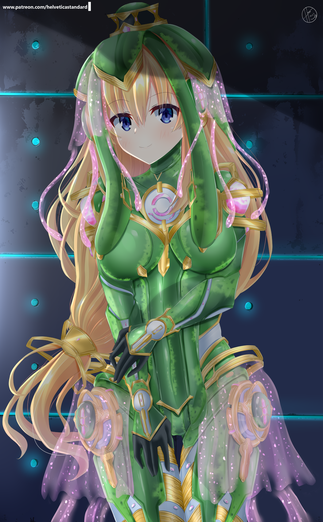 1girl bangs blonde_hair blue_eyes blush bodysuit breasts commentary_request cosplay eyebrows_visible_through_hair green_bodysuit green_headwear hair_between_eyes helvetica_5tandard highres long_hair looking_at_viewer medium_breasts neptune_(series) patreon_username sidelocks signature smile solo thigh_gap vert warframe