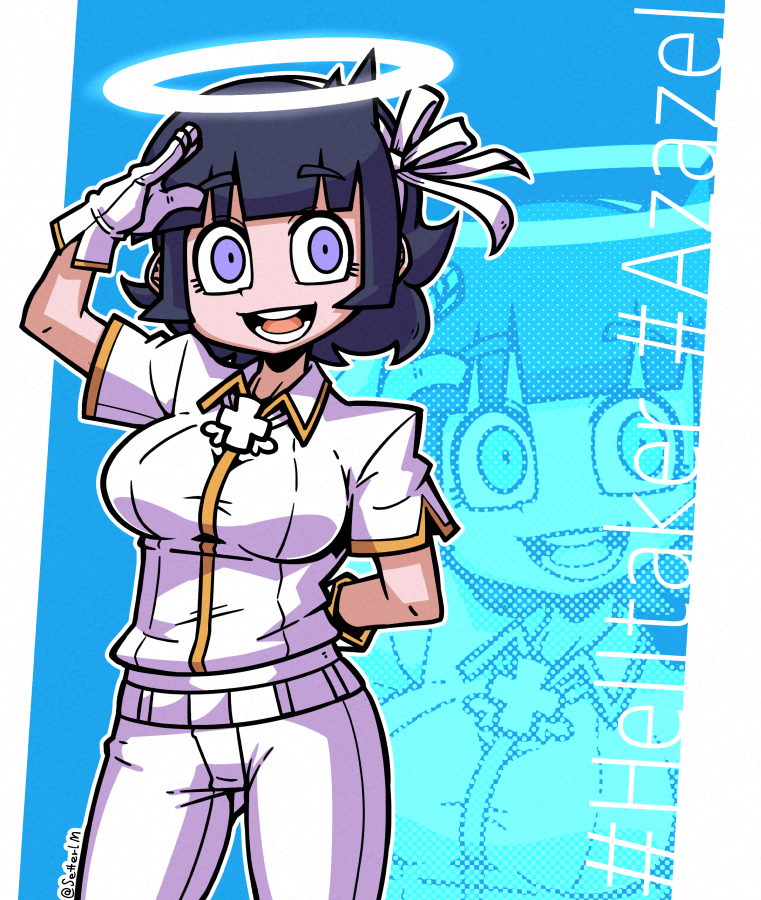 1girl angel arm_up azazel_(helltaker) black_hair blue_eyes breasts character_name collared_shirt cowboy_shot eyebrows_visible_through_hair gloves hair_ribbon halftone halo helltaker looking_at_viewer medium_breasts open_mouth outline ribbon salute setter_(seven_stars) shirt shirt_tucked_in short_hair short_sleeves smile solo white_gloves white_outline white_ribbon white_shirt zoom_layer