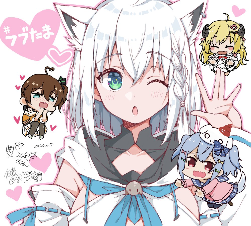 1boy 3girls ^_^ ^o^ ahoge animal_ears asymmetrical_hair black_legwear blonde_hair blue_bow blue_eyes blue_hair blue_skirt blush blush_stickers bow braid breasts brown_hair chibi closed_eyes collaboration commentary cropped_jacket crossdressinging crossdressingingrntrap crossover dated detached_sleeves dog_hair_ornament dog_tail dress eyebrows_visible_through_hair eyelashes fang hair_between_eyes hair_bow hands_on_own_chin hands_together heart heart_ahoge hololive horns inuyama_tamaki jacket long_hair looking_at_viewer making-of_available male medium_breasts medium_hair miniskirt multiple_girls natsuiro_matsuri noripro off-shoulder_jacket one_eye_closed open_mouth orange_jacket outline pantyhose pink_shirt pleated_skirt poop red_eyes sailor_collar school_uniform serafuku sheep_ears sheep_horns shirakami_fubuki shirakami_fubuki_(artist) shirt side_braid side_ponytail signature simple_background skirt smile solo_focus striped striped_bow tail thigh-highs tsukudani_norio tsunomaki_watame twintails upper_body virtual_youtuber waving wavy_mouth white_background white_dress white_hair white_hoodie white_skirt