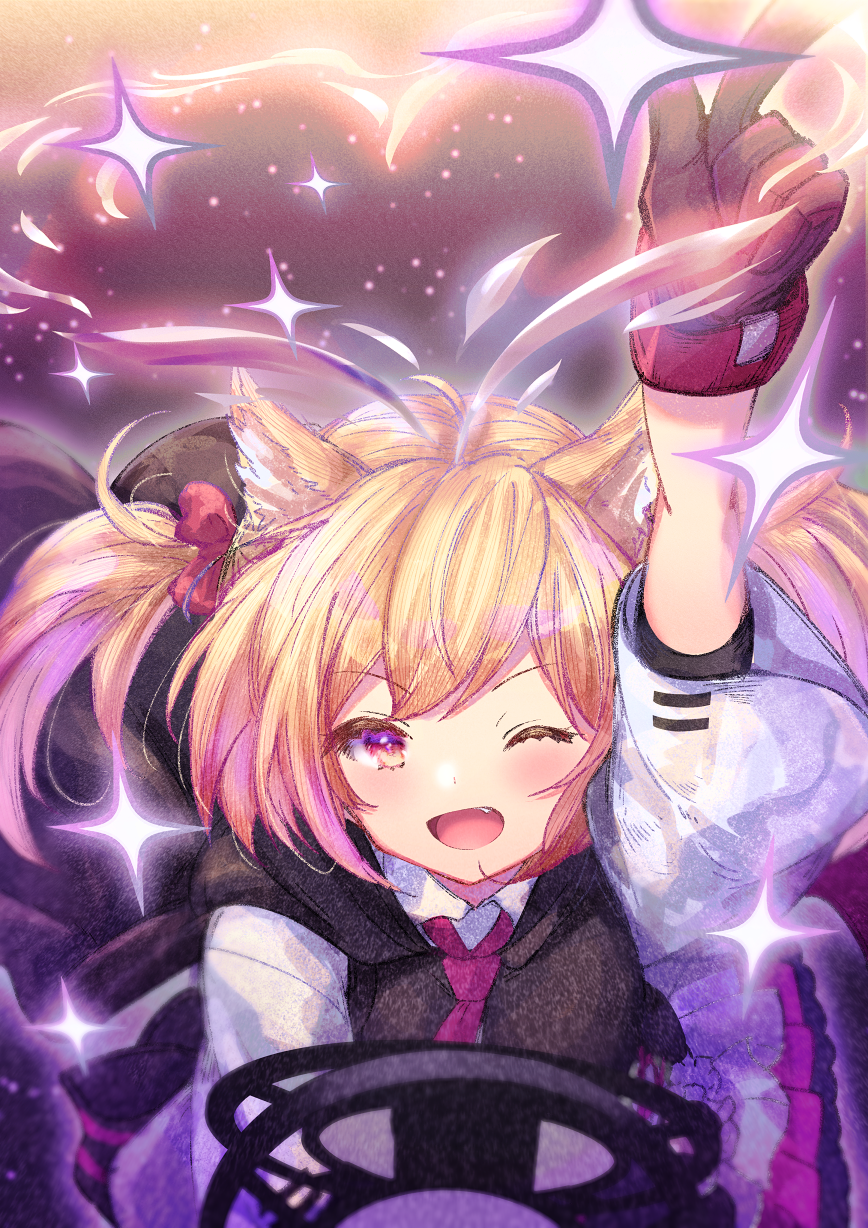 1girl animal_ears arknights arm_up bangs black_gloves black_hoodie blonde_hair commentary_request eyebrows_visible_through_hair fang gloves hair_between_eyes highres ittokyu long_sleeves looking_at_viewer necktie one_eye_closed open_mouth pointing pointing_up red_eyes red_neckwear shirt short_hair sidelocks solo sora_(arknights) sparkle twintails white_shirt wolf_ears