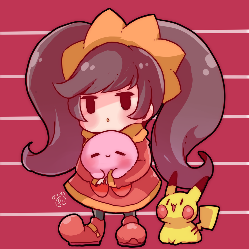 1girl =_= ashley_(warioware) black_hair chibi commentary_request dated_commentary dress gen_1_pokemon herunia_kokuoji holding kirby kirby_(series) long_hair long_twintails looking_at_another looking_up nintendo open_mouth pikachu pokemon pokemon_(creature) sleeves_past_wrists smile standing striped striped_background trangle_mouth twintails very_long_hair warioware |_|