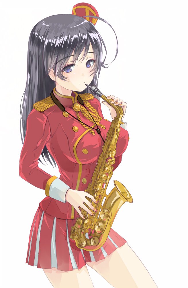 1girl ahoge aiguillette alternate_costume alto_saxophone band_uniform bangs black_eyes black_hair closed_mouth commentary cowboy_shot double-breasted epaulettes eyebrows_visible_through_hair girls_und_panzer hat holding holding_instrument instrument isuzu_hana jacket long_hair long_sleeves marching_band mini_hat miniskirt pleated_skirt red_headwear red_jacket red_skirt saxophone simple_background skirt smile solo standing white_background yurikuta_tsukumi