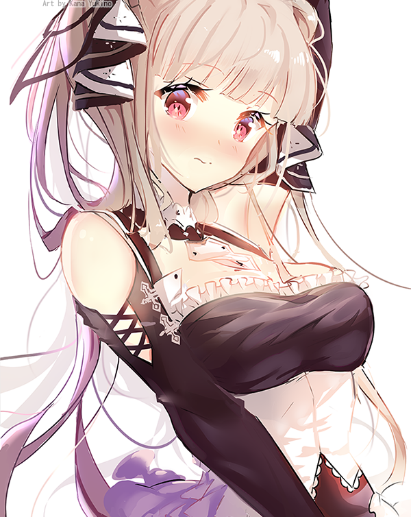 1girl arm_up armpits artist_name azur_lane bangs between_breasts black_dress blunt_bangs blush breasts center_opening closed_mouth commentary dress english_commentary eyebrows_visible_through_hair eyelashes formidable_(azur_lane) hair_ribbon long_hair looking_at_viewer medium_breasts red_eyes ribbon shoulder_cutout silver_hair simple_background solo twintails upper_body white_background white_neckwear whitekana