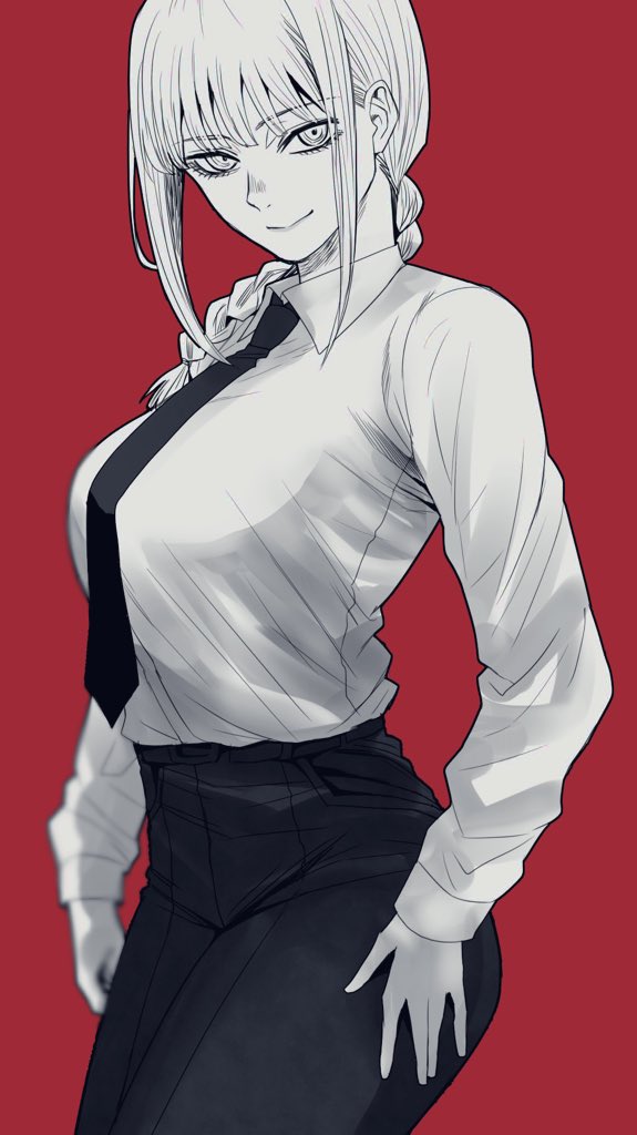 1girl braid braided_ponytail breasts business_suit chainsaw_man collared_shirt eyebrows_visible_through_hair eyeliner formal hand_on_own_thigh hoshi_san_3 large_breasts light_smile long_hair looking_at_viewer makeup makima_(chainsaw_man) monochrome necktie red_background ringed_eyes shirt shirt_tucked_in smile suit thick_thighs thighs