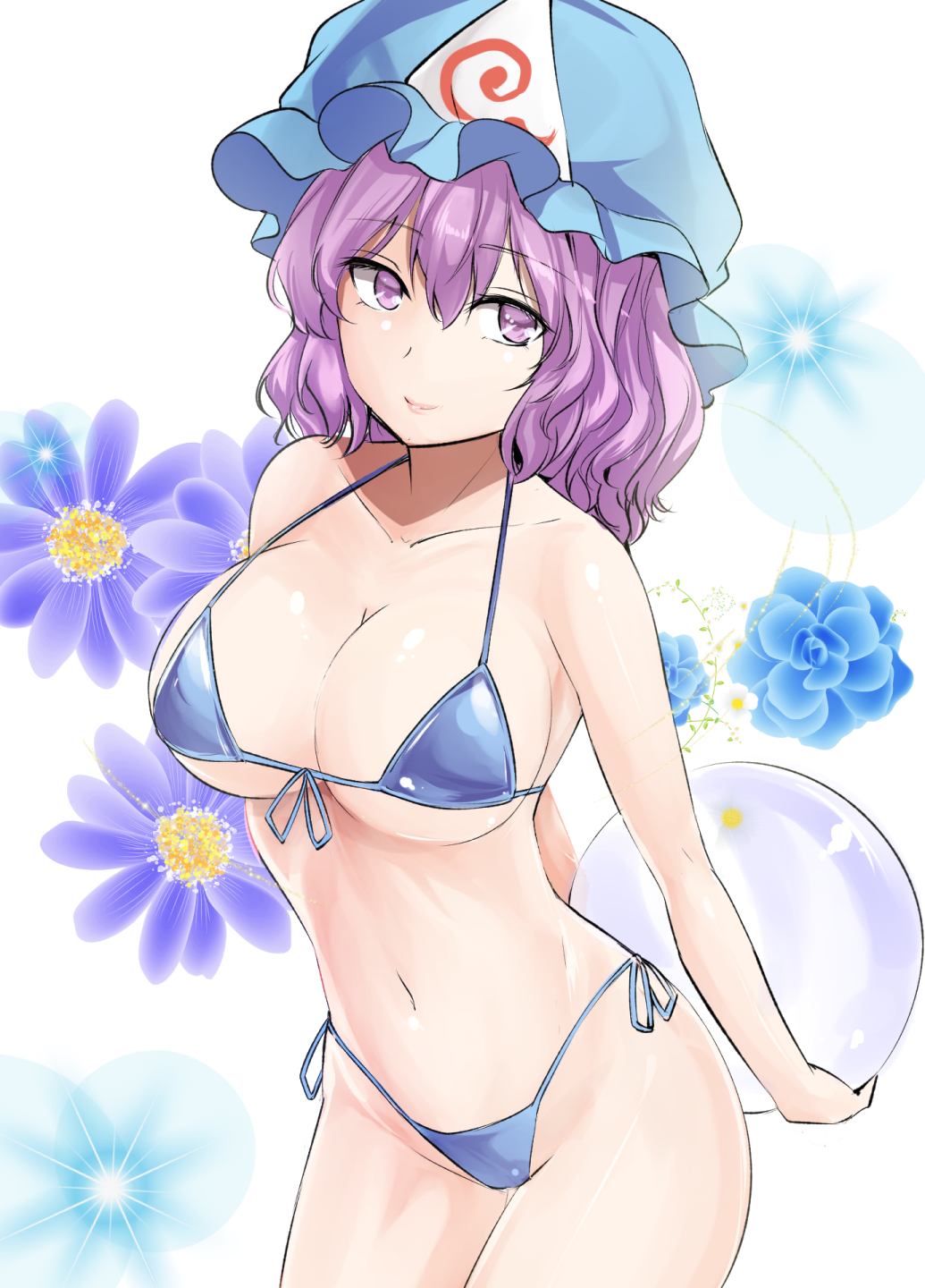 1girl ball bangs bare_arms bare_shoulders bikini blue_bikini blue_headwear breasts collarbone commentary_request cowboy_shot eyebrows_visible_through_hair floral_background front-tie_bikini front-tie_top hair_between_eyes hat highres holding holding_ball large_breasts looking_at_viewer mob_cap navel purple_hair saigyouji_yuyuko short_hair solo stomach swimsuit touhou triangular_headpiece violet_eyes white_background y2