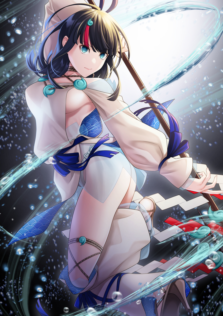1girl ass bangs bare_shoulders black_hair blue_eyes blue_ribbon blush breasts closed_mouth detached_leggings dress fate/grand_order fate/requiem fate_(series) fundoshi grey_background high_heels highres japanese_clothes jewelry large_breasts legs long_sleeves looking_at_viewer magatama magatama_hair_ornament medium_hair multicolored_hair necklace pelvic_curtain pink_hair polearm puffy_long_sleeves puffy_sleeves ribbon short_dress sideboob sideless_outfit spear streaked_hair tawagoto_dukai_no_deshi utsumi_erise water weapon white_dress white_legwear