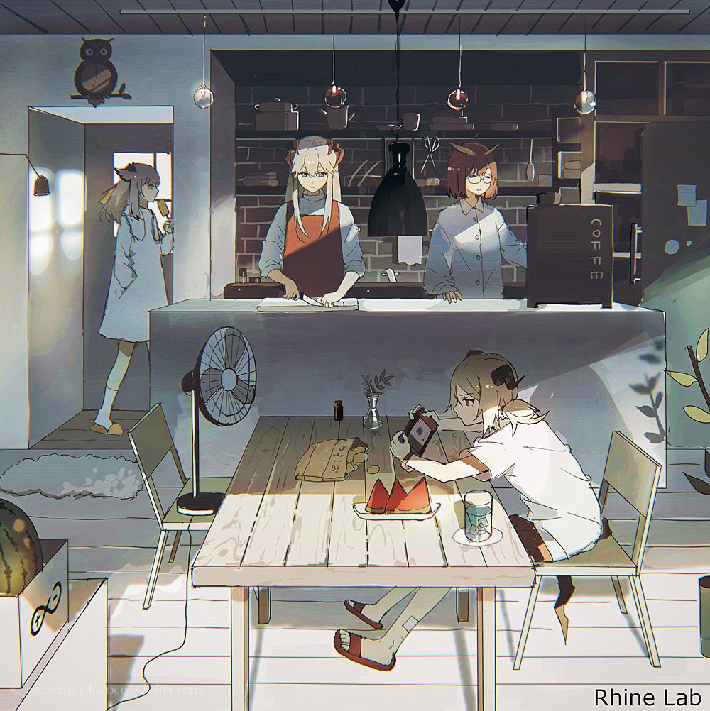 4girls apron arknights bangs brown_hair cooking electric_fan eyebrows_visible_through_hair fan food fruit glass glasses horns ifrit_(arknights) kitchen lococo:p long_hair long_sleeves multiple_girls nintendo_switch owl_ears ptilopsis_(arknights) rhine_lab_logo saria_(arknights) shirt short_hair silence_(arknights) snack watermelon