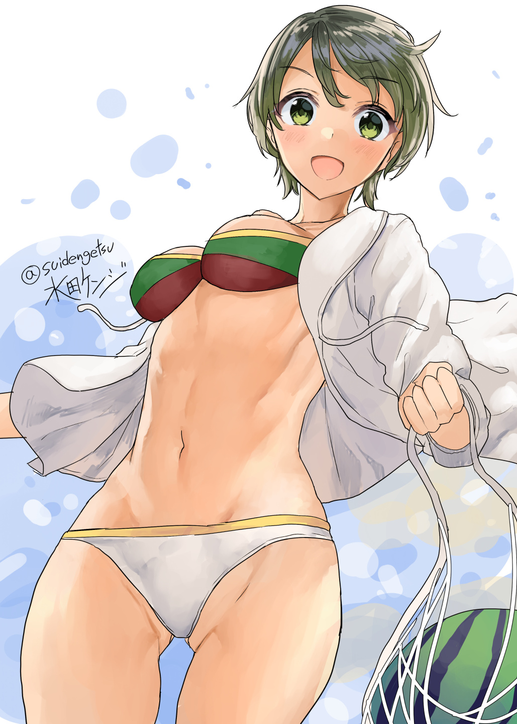 1girl :d artist_name bikini black_hair blush breasts collarbone cowboy_shot eyebrows_visible_through_hair food fruit green_eyes highres jacket kantai_collection long_sleeves medium_breasts mizuta_kenji mogami_(kantai_collection) navel open_clothes open_jacket open_mouth short_hair smile solo swimsuit twitter_username watermelon white_jacket